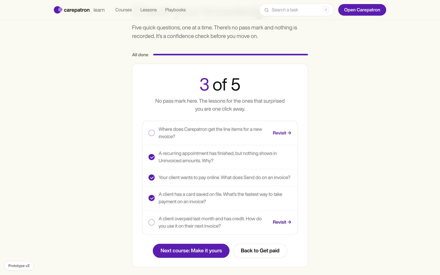 Academy prototype quiz result