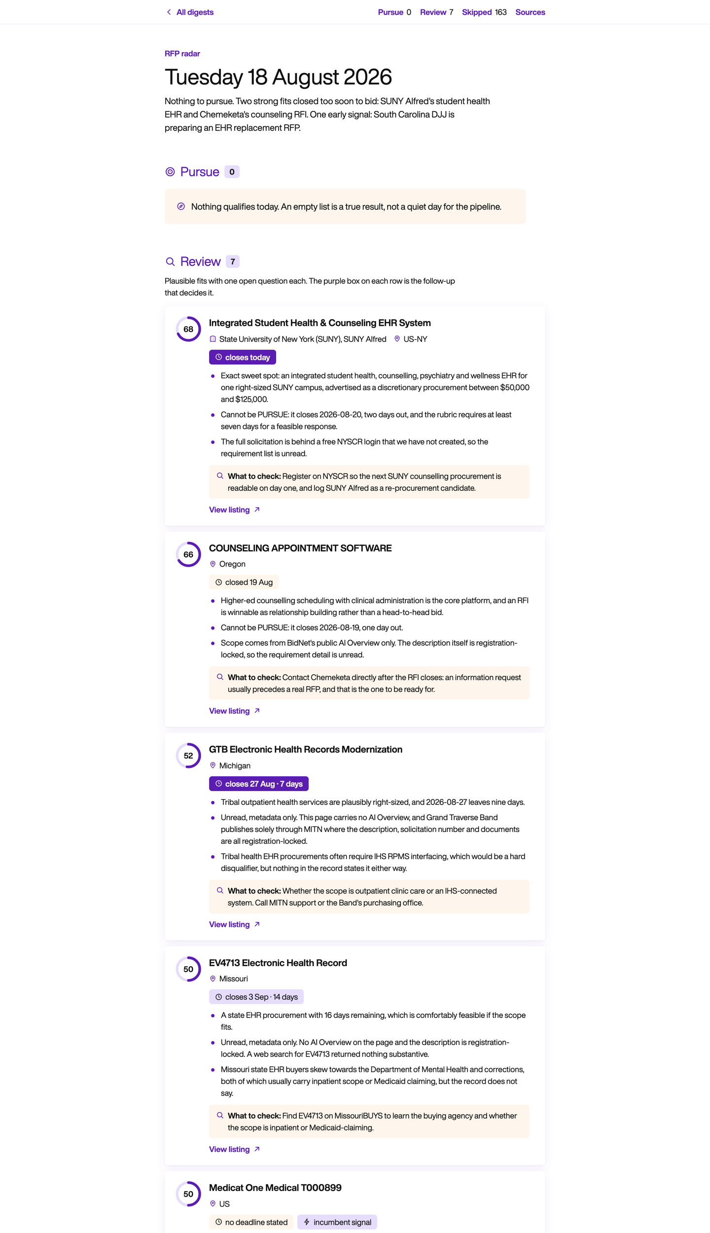 RFP Radar daily digest with scored opportunities